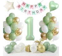 Globo de 1er cumpleaños, color verde y dorado, decoración de cumpleaños de 1 año con pancarta de feliz cumpleaños, globo gigante con número 1. decoración de globo, decoración de cumpleaños para niños