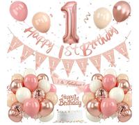 Globo de 1er cumpleaños oro rosa, juego de decoración de 1º cumpleaños, color rosa y blanco, decoración de cumpleaños de 1 año, oro rosa número 1 globos con pancarta decoración para tartas para 1 año