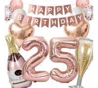 Globo de 25 cumpleaños decorativo para mujer, oro rosa, 25 cumpleaños, pancarta de champán, número 25, globos, botellas, copas de vino, globos de papel de aluminio, decoración para fiestas de 25 años