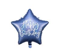 Globo de aluminio Happy Birthday de 40 cm, azul marino, forma de estrella FB93-074, con texto holográfico plateado, para fiestas de clase, originales y de impacto visual inflable con aire y helio.