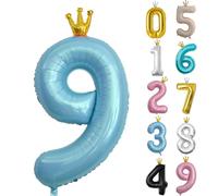 Globo de cumpleaños de 40 pulgadas, globo azul del número 9, globo grande de aluminio del 0 al 9 con corona para cumpleaños de 9 niñas y niños, globos digitales autoinflables 9, suministros de