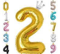 Globo de cumpleaños de 40 pulgadas, globo dorado del número 2, globo grande de aluminio del 0 al 9 con corona para cumpleaños de 2, 12, 20, niñas y niños, globos digitales autoinflables, suministros
