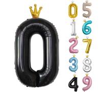 Globo de cumpleaños de 40 pulgadas, globo negro del número 0, globo grande de aluminio del 0 al 9 con corona para cumpleaños de 10 niñas y niños, globos digitales autoinflables, suministros de