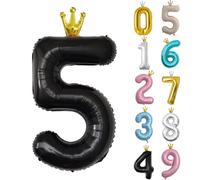 Globo de cumpleaños de 40 pulgadas, globo negro del número 5, globo grande de aluminio del 0 al 9 con corona para cumpleaños de 5º cumpleaños de niñas y niños, globos digitales autoinflables,