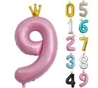 Globo de cumpleaños de 40 pulgadas, globo rosa del número 9, globo grande de aluminio del 0 al 9 con corona para cumpleaños de 9 niñas y niños, globos digitales autoinflables 9, suministros de