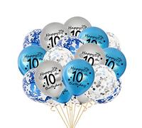 Globo de cumpleaños número 10, paquete de 20 cintas de globos de confeti de látex azul y plateado para decoraciones de fiesta de cumpleaños número 10 para niños de 10 años, suministros de cumpleaños