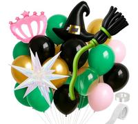 Globo de fiesta verde y rosa, juego de arco de globos para fiesta temática de brujas, 160 globos verdes, rosas, negros, blancos, dorados, cuervos rosados, sombrero de bruja, estrella explosiva y