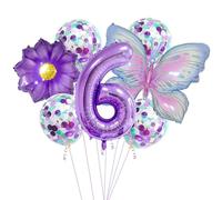 Globo de mariposa, 7 piezas de decoración de cumpleaños, mariposas moradas - XXL Margarita & Número 6 - Globos de aluminio, globos de confetis, decoraciones de fiesta de cumpleaños con temática floral