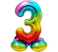 Folat-Zahl Globo de plástico Rainbow con base-Número 3-aprox. 81 cm, color, Costumes (8714572642934)