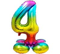 Folat-Number Globo de plástico Rainbow con base-Número 4-aprox. 81 cm, color, Costumes (8714572642941)