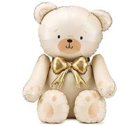 Globo gigante de Mylar Pozo, 84 x 75 cm, XXL, beige crema con lazo dorado, para fiestas, cumpleaños, bautizos y baby shower, globo osito