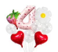 Globo grande de 40 pulgadas con números 4 de color rosa claro, juego de globos de papel de aluminio con diseño de margaritas y fresas, decoración de globos para fiesta de cumpleaños número 4 para niña
