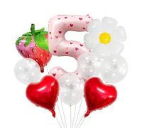 Globo grande de 40 pulgadas con números 5 de color rosa claro, juego de globos de papel de aluminio con diseño de margaritas y fresas, decoración de globos para fiesta de cumpleaños número 5 para niña