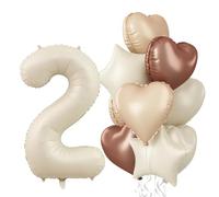 Globo Grande del Número 2 - 40 Pulgadas Beige Nude con Decoración de Estrella Crema de Aluminio - Café Neutro, Marrón, Arena Blanca - Para Helio, Corazón, Niñas, 2º Cumpleaños