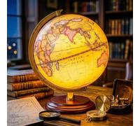 Globo mundial con base de madera maciza con peso, impresión HD de 8 pulgadas, decoración de escritorio antigua iluminada con luz LED sin parpadeo, esfera mundial meridiana de metal resistente para