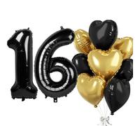 Globo negro 16, globo de papel de aluminio número 16, globo de papel de aluminio en forma de corazón, globo de helio de 40 pulgadas, globo de helio 16 y 61 con corazón, globos de 16 años, juego de
