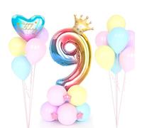 Globo Número 9 ArcoíRis con Corona, 9er Cumpleaños Globos, 32 Pulgadas Grande ArcoíRis Foil Helio Numeros 9 Años Globos, Decoración Globos 9 Años para Mujer Niña Aniversario