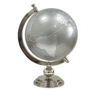 Globo terráqueo de aluminio gris plateado de 18 pulgadas, acabado de pedestal cromado giratorio, acento de escritorio moderno for estantes de oficina, decoración del hogar