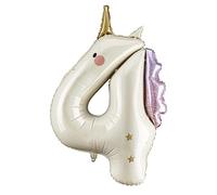 Globo XXL de unicornio con número 4, decoración para niñas, gigante con números crema y dorado con efecto holográfico, para 4º cumpleaños infantil, adecuado para helio y aire