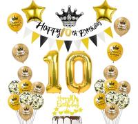 Globos 10 Cumpleaños Decoración Negro/Oro para Niño Niña - Happy 10th Birthday Guirnalda, Deco de Torta