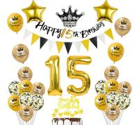 Globos 15 cumpleaños decoración negro/oro deco de cumpleaños 15 niño niña 15 cumpleaños deco, globo 15 cumpleaños niño niña Happy 15th birthday guirnalda 15 cumpleaños decoración de la torta