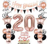 Globos 20 Años cumpleaños Mujer Decoración Negro Rosa Oro Topper de la Torta 20 Años cumpleaños Mujer Decoración Globos 20 Años cumpleaños Mujer decoración 20 globos guirnalda 20 Años Mujer Deco