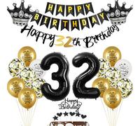 Globos 32 cumpleaños hombre mujer set deco negro/oro,Decoracion de cumpleaños 32 años hombre mujer deco,Decoracion de tarta 32 cumpleaños hombre mujer feliz 32 cumpleaños guirnalda deco