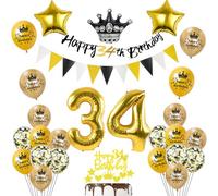Globos 34 Cumpleaños Decoración Negro/Oro para Hombre y Mujer - Happy 34th Birthday Guirnalda y Deco Pastel