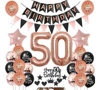 Globos 50 Años Mujer Cumpleaños Decoración Negro Rosa Oro, Decoración para Tartas, Deco