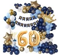 Globos 60 Cumpleaños Hombres y Mujeres, Fiesta Azul Marino Oro 60er con Pancarta Feliz