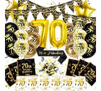Globos 70 Cumpleaños Mujer Hombre, 70th Happy Birthday Decoracion Globos Negros Dorados Servilleta Linterna Faja Guirnalda Confeti, Regalo Decoración Hombre Mujer 70 Años (70 Años Adornos Cumpleaños)