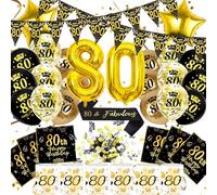 Globos 80 Cumpleaños Mujer Hombre, 80th Happy Birthday Decoracion Globos Negros Dorados Servilleta Linterna Faja Guirnalda Confeti, Regalo Decoración Hombre Mujer 80 Años (80 Años Adornos Cumpleaños)