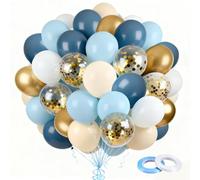 Globos Azul Crema, 60 Piezas Globos de Cumpleaños Azul Oro con Confeti Dorado Metalizados Globo Helio, con 2 Tiras de Cinta para Cumpleaños Baby Shower Boda Graduación Bautizo