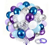 Globos Azul Morado, 60 Piezas Globos de Cumpleaños Metalizados Azul Lila con Confeti Plateado Globo Helio, con 2 Tiras de Cinta para Cumpleaños Baby Shower Boda Graduación Bautizo