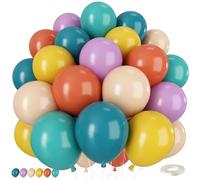 Globos bohemios de arcoíris, 50 globos bohemios de 12 pulgadas con coloridos globos de látex retro amarillo, naranja, azul, morado, nude para aquí viene el hijo, baby shower, aniversario, fiesta de
