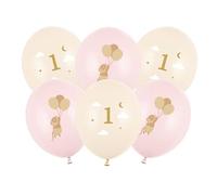 Globos con el número 1 ratones, diseño de 30 cm, juego de 6 globos de látex, globos para 1 cumpleaños, globos para helio o aire, juego de globos como decoración de cumpleaños, color crema y rosa claro