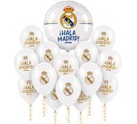 Globos Cumpleaños Real Madrid - Decoración Fiesta Madridista con 12 Globos Látex y Globo Foil, Kit Globos Infantil de Fútbol para Niños, Fiestas y Celebraciones Real Madrid (KIT 4)