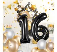 Globos de 16 cumpleaños,Negro 16 pulgadas Globo número, 16 decoraciones de Globo número cumpleaños para hombre y mujer, Globo inflable de lámina de Negro 16