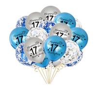 Globos de 17 cumpleaños, paquete de 20 cintas de látex de confeti azul y plateado para niños, para él, hijo, 17 cumpleaños, aniversario, fiesta, cumpleaños de 17 años (17.º año)