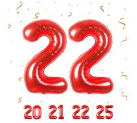 Globos de 22 cumpleaños,Rojo 22 pulgadas Globo número, 22 decoraciones de Globo número cumpleaños para hombre y mujer, Globo inflable de lámina de Rojo 22