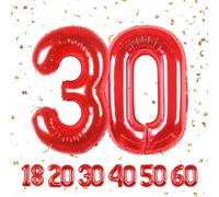 Globos de 30 cumpleaños,Rojo 30 pulgadas Globo número, 30 decoraciones de Globo número cumpleaños para hombre y mujer, Globo inflable de lámina de Rojo 30