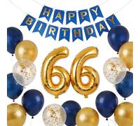 Globos de 66 cumpleaños decoraciones, azul marino y dorado 66. Decoración de cumpleaños con pancartas, globos de confeti, número 66, globos de papel de aluminio para papá mamá, 66 años de edad, fiesta