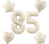 Globos de color beige con número 85 + 4 unidades, diseño de corazones/estrellas, número 85, globos gigantes de 85 pulgadas, globos de 85 pulgadas, globos de helio con números 85