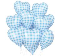 Globos de corazón a cuadros azules, globo de aluminio en forma de corazón a cuadros azul pastel y blanco, 10 globos de helio a cuadros para niños, baby shower, retro, Y2K, picnic, granja, ganso