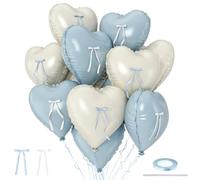 Globos de corazón azul y blanco con lazo de cinta, 10 globos de aluminio en forma de corazón azul bebé, globo de helio de 18 pulgadas con decoración de lazo para niños, baby shower, bautizo