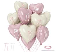 Globos de corazón rosa y blanco con lazo de cinta, 10 globos de aluminio en forma de corazón rosa claro, 18 pulgadas pastel nude rosa claro con decoración de lazo para niña, baby shower, mujeres