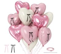 Globos de corazón rosa y blanco con lazo de cinta, 12 globos de papel de aluminio en forma de corazón rosa bebé crema, globo de helio de 18 pulgadas con decoración de lazo para niñas, cumpleaños, baby