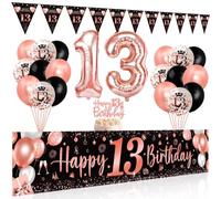 Globos de Cumpleaños 13 Años Negro Oro Rosa, Decoracion Cumpleaños 13 Años Mujer, Pancarta Globos Negro Oro Rosa, Decoración de Fiesta