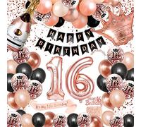 Globos de Cumpleaños 16 Años, SWPEED Decoracion Mujer Oro Rosa y Negro Feliz Decoración Fiesta Cumpleaños Pancarta de Happy Birthday Globo de Confeti Mujeres Adultos 16 Años