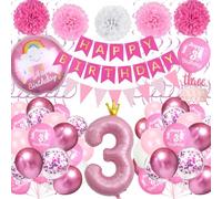 Globos de Cumpleaños 3 Años, Juego Decoraciones Cumpleaños Rosa con Globo Aluminio Rosa Número 3, Pancarta Happy Birthday, Pompones de Papel para Decoración Fiesta 3 Años Niñas